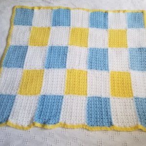 Blue White Yellow Hand Crocheted Baby Blanket
